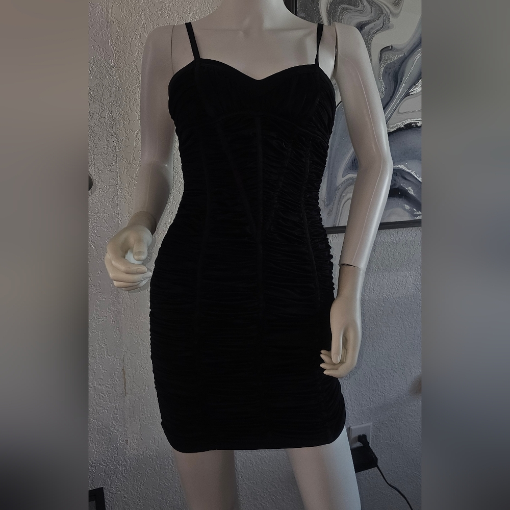 Bebe Dress XS Ruched Fully Lined gold black